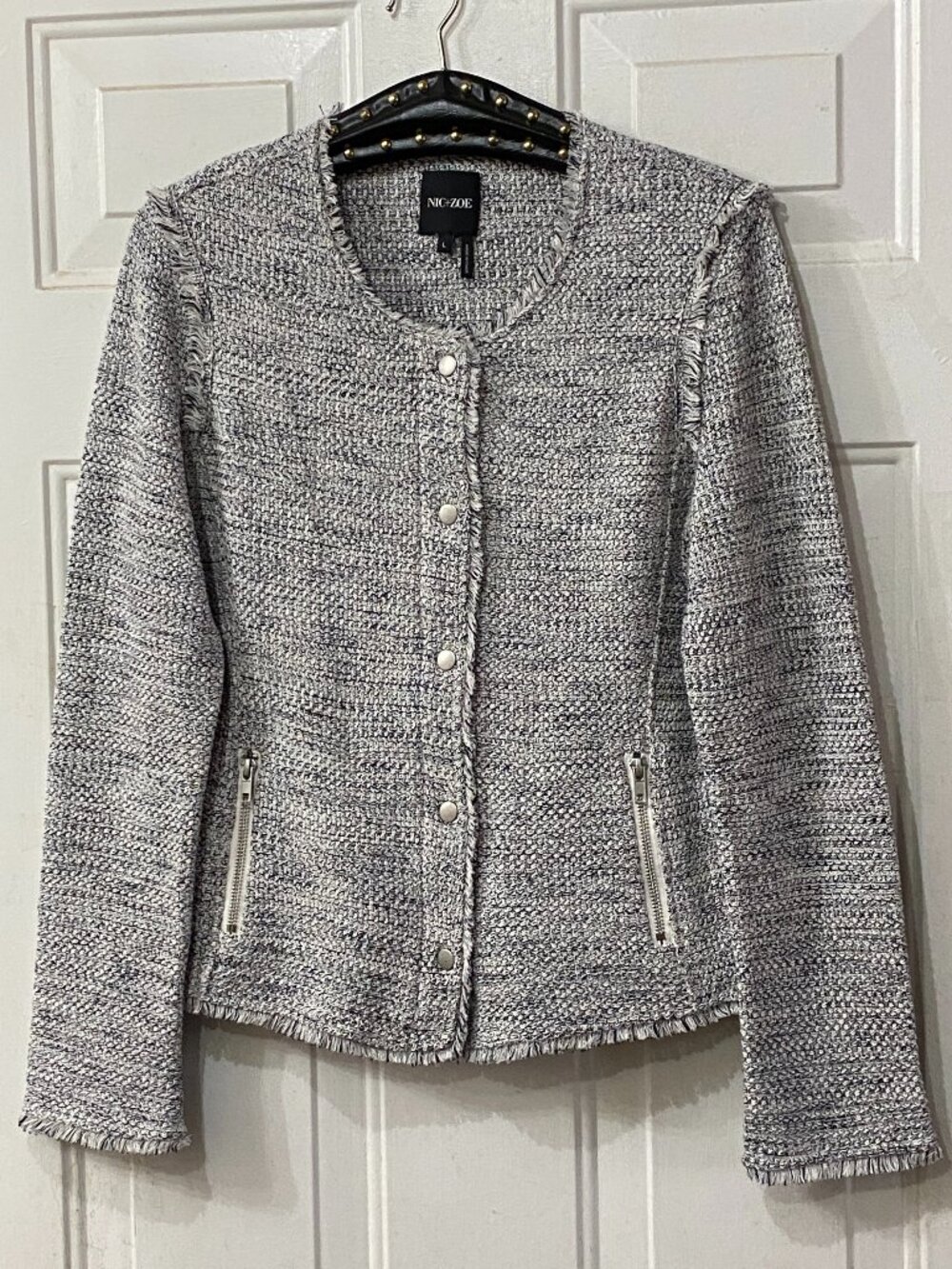 NEW NIC+ZOE Sz L Tweed Knit Zip/Snap Jacket Zip Pockets Black/White Melange